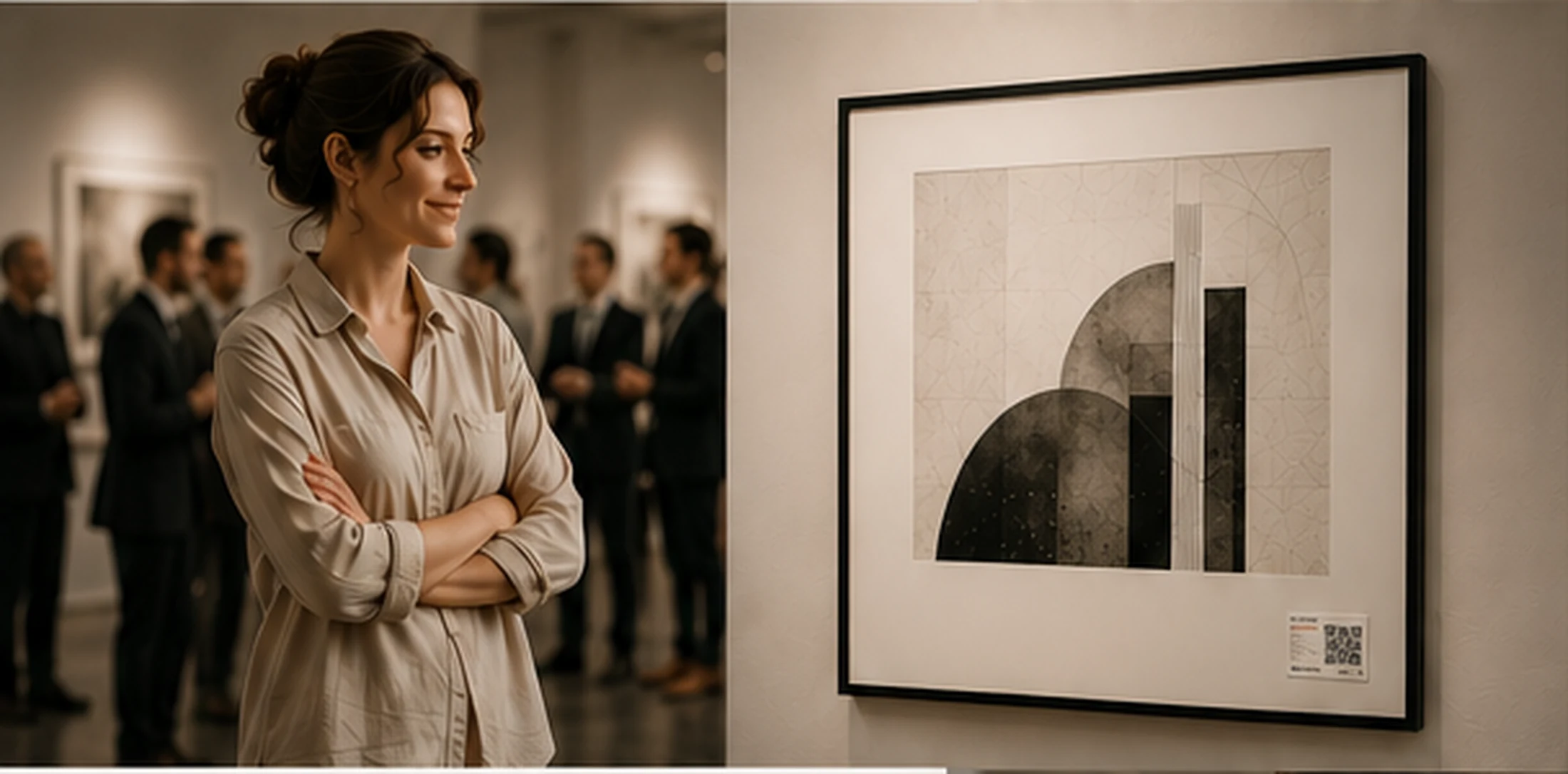 Künstlerin steht bei einer Galerieeröffnung stolz neben „Golden Hour“
