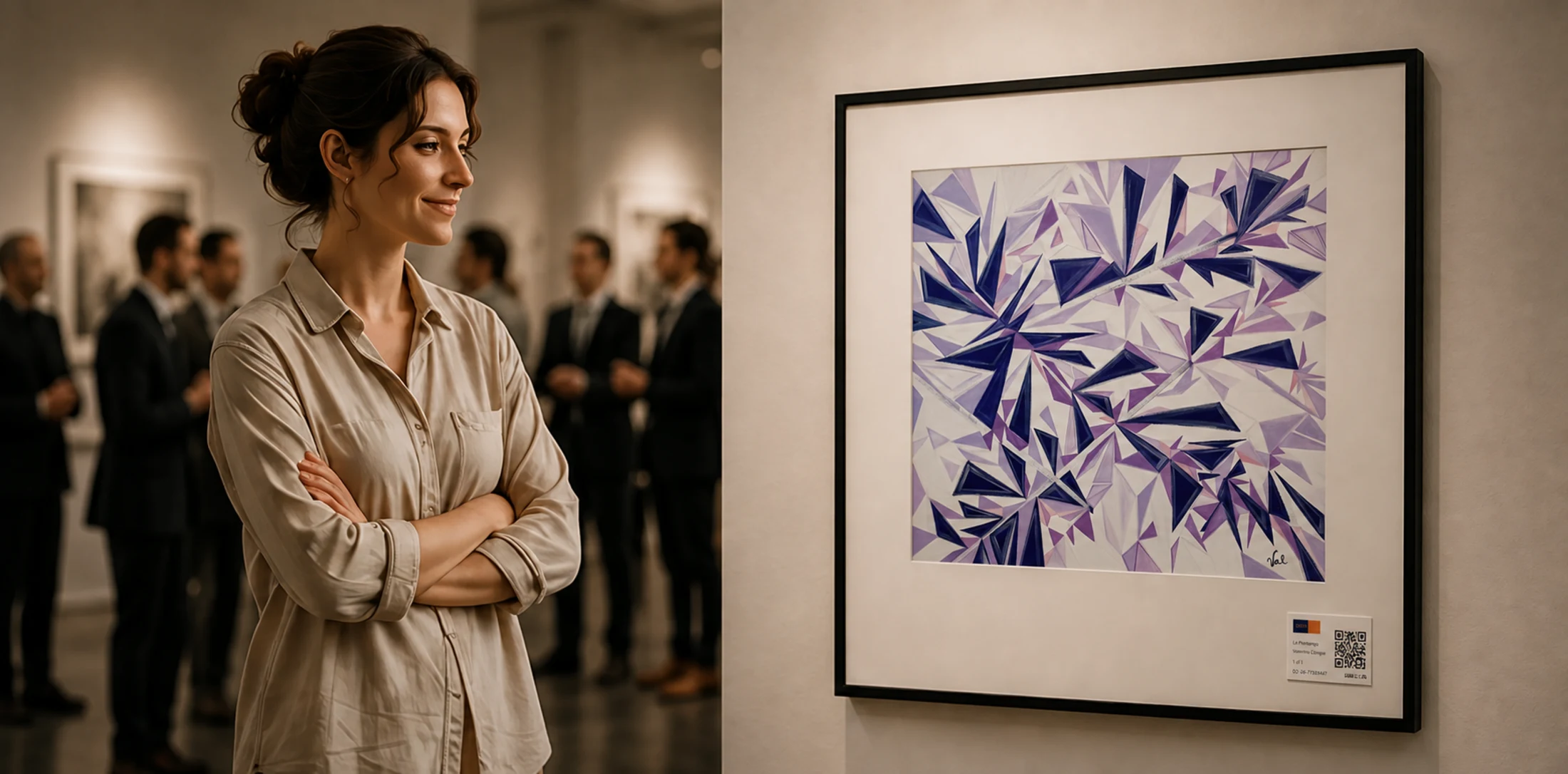 Artist standing proudly beside Le Printemps at a gallery opening